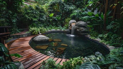 Canvas Print - A small pond with a waterfall in the middle of it