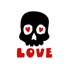 Wall Mural - Skull, hearts and word love icon. Colored silhouette. Front view. Vector simple flat graphic hand drawn illustration. Isolated object on a white background. Isolate.