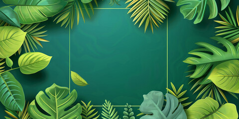 Wall Mural - Stylish summer sale banner with tropical leaf theme on green background. Free space for product placement or advertising text.