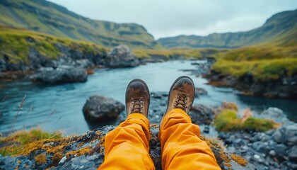 A person in brown leather boots and yellow pants is sitting and relaxing by the edge of a mountain river, representing tranquility, adventure, and being close to nature.