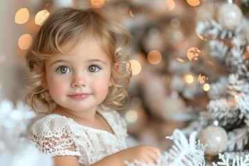 A young girl with blond curly hair decorates a Christmas tree