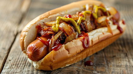 Wall Mural - a gourmet hot dog, topped with caramelized onions, mustard, ketchup, and pickles