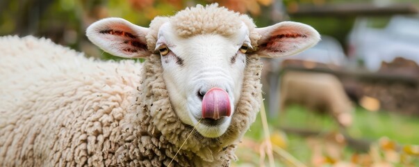 Wall Mural - Portrait of a sheep with its tongue sticking out, creating a humorous and cute expression.