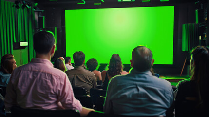 Movie, entertainment or leisure concept, people looking at screen in cinema or theatre, rear view