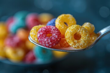 Wall Mural - A spoonful of colorful cereal is shown in a close up