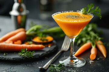 Wall Mural - A martini glass filled with a drink garnished with carrot and parsley