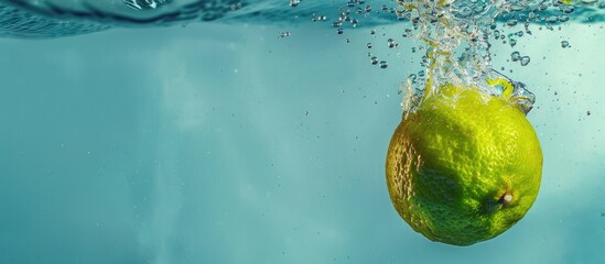 Poster - A close-up view showing a lime dropping into water against a blue background, leaving space for text or image insertion. Focus on fruit, vegan cuisine, and vivid colors. Copy space image