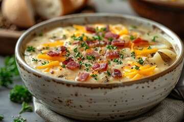 Wall Mural - A bowl of soup with bacon and cheese on top