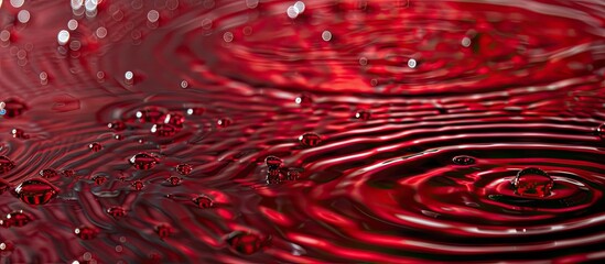 Wall Mural - Water droplets formed on a rippled water surface with a red background provide a striking copy space image.