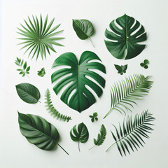 Flat lay of green monstera palm and tropical plant leaves, isolated on a white background for design elements.