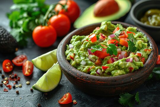 A bowl of guacamole with tomatoes and onions