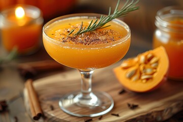 Wall Mural - A glass of orange juice with a garnish of cinnamon and rosemary