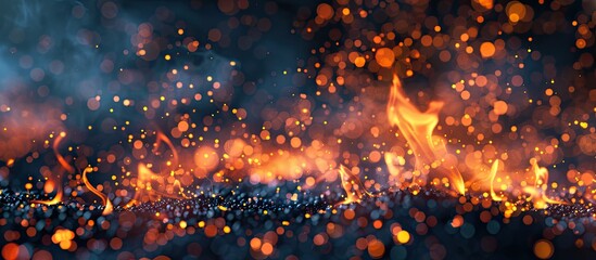 Sticker - Copy space image of fiery flames on a dark background, showing burning gas or gasoline with sparking flames up close, creating unique fire patterns and an eerie glow.