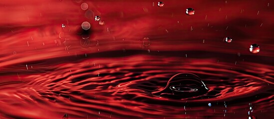 Poster - Water droplets formed on a rippled water surface with a red background provide a striking copy space image.