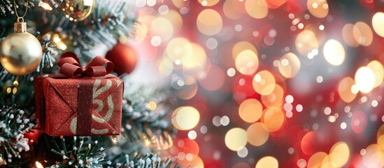 Leinwandbilder - Christmas tree adorned with a gift box ornament against a bokeh background with shallow depth of field, providing ample copy space image.
