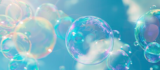 Poster - Beautiful soap bubbles with iridescent colors floating against a blue sky background, creating a captivating copy space image.