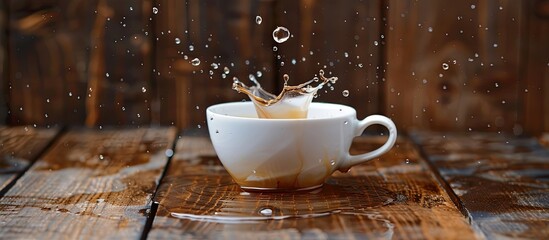 Poster - Coffee cup with a water droplet on wooden backdrop showcasing copy space image.