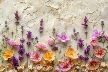 Pressed lavender and other flowers on a textured white background