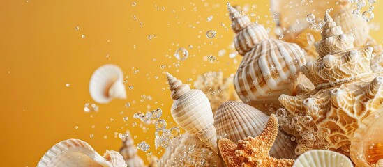 Sea shells in white and brown hues with coral design floating above a lively yellow backdrop, representing holiday travels with copy space image.