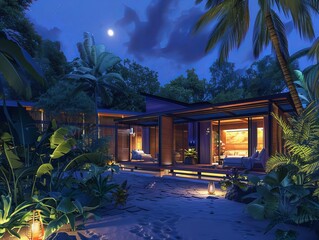 Canvas Print - Modern tropical villa illuminated at night, featuring wooden architecture and palm trees under a moonlit sky