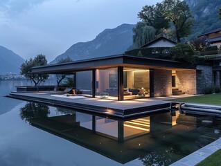 Sticker - An architecturally impressive modern home with large windows, open spaces, and a reflection in the water at twilight