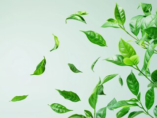 Poster - Image of fresh green leaves floating mid-air with a light green background