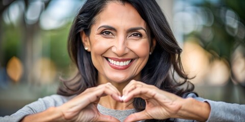 Head shot happy woman join fingers make heart symbol. Grateful loving young Hispanic woman express gratitude, feels appreciation. I love you, sincere feelings, volunteer show support, kindness concept