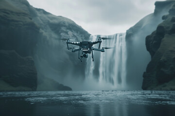 Wall Mural - Close up of a drone flying in the air at a waterfall.