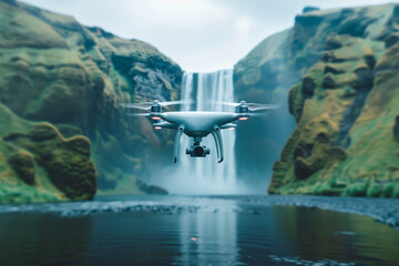 Wall Mural - Close up of a drone flying in the air at a waterfall.