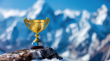 golden award cup standing close to snowy everest mountain