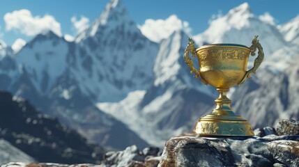 golden award cup standing close to snowy Everest mountain