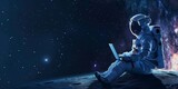 astronaut in space with a laptop with copy space