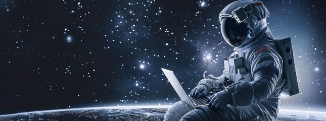astronaut in space with a laptop with copy space