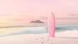© Zain - A minimalistic summer beach scene with a pink surfboard standing upright on soft sand, a small island in the distance, and a pastel pink sky for a cosmetic product mock-up.