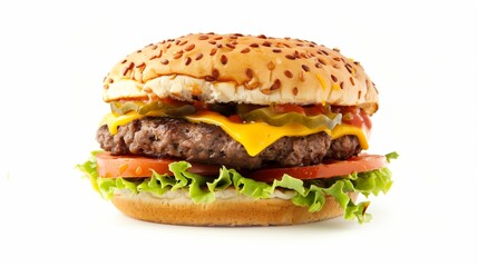 Wall Mural - Classic hamburger with beef patty, lettuce, tomato, cheese, and sauce on a fresh bun, isolated on a white background.