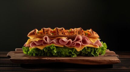 Wall Mural - Colorful vegetable sandwich on sesame bun with fresh lettuce, tomato, and deli meats on a wooden board.
