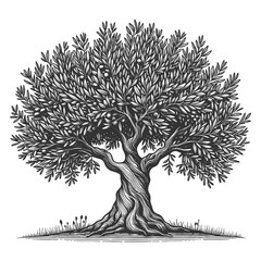Wall Mural - olive tree full of ripe olives, set in a serene landscape with intricate root system and foliage sketch engraving generative ai raster illustration. Scratch board imitation. Black and white image.