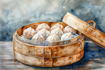 Wall Mural - Watercolor painting of steamed buns in a bamboo basket.