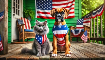 patriotic boxer puppy and gray cat on rustic porch with american flag