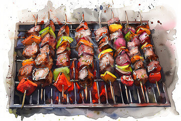Wall Mural - Watercolor painting of skewered barbecue meat and grilled vegetables.
