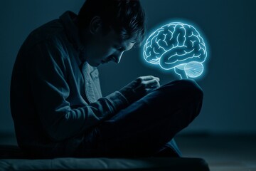 Wall Mural - Isolated Man with Digital Brain, Representing AI and Mental Health, Dark Mood, Blue Hue