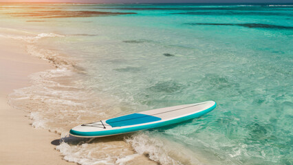 Wall Mural - A surfboard is laying on the beach in a shallow water, AI