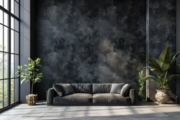 Wall Mural - Dark living room interior with black empty wall