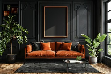 Wall Mural - Dark living room interior with black empty wall