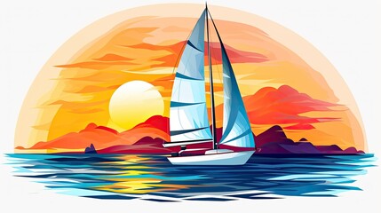 Wall Mural - A sailboat with its colorful sails and the setting sun in background clip art