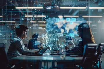 Wall Mural - virtual screen overlays colleagues in office meeting with generative ai integration