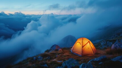 Wall Mural - A small orange tent is set up on a snowy mountain