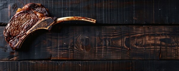 Wall Mural - Close-up shot of a perfectly grilled tomahawk steak on a black wooden board. The steak's charred grill marks and succulent appearance make it a mouth-watering image.