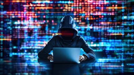 A man is sitting at a desk with a laptop in front of him. He is wearing a hoodie and he is typing on the laptop. The image has a futuristic and somewhat ominous feel to it