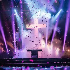 Church altar filled with vibrant lights and smoke, with purple petals falling from the ceiling. Perfect for themes of celebration and spiritual ambiance.